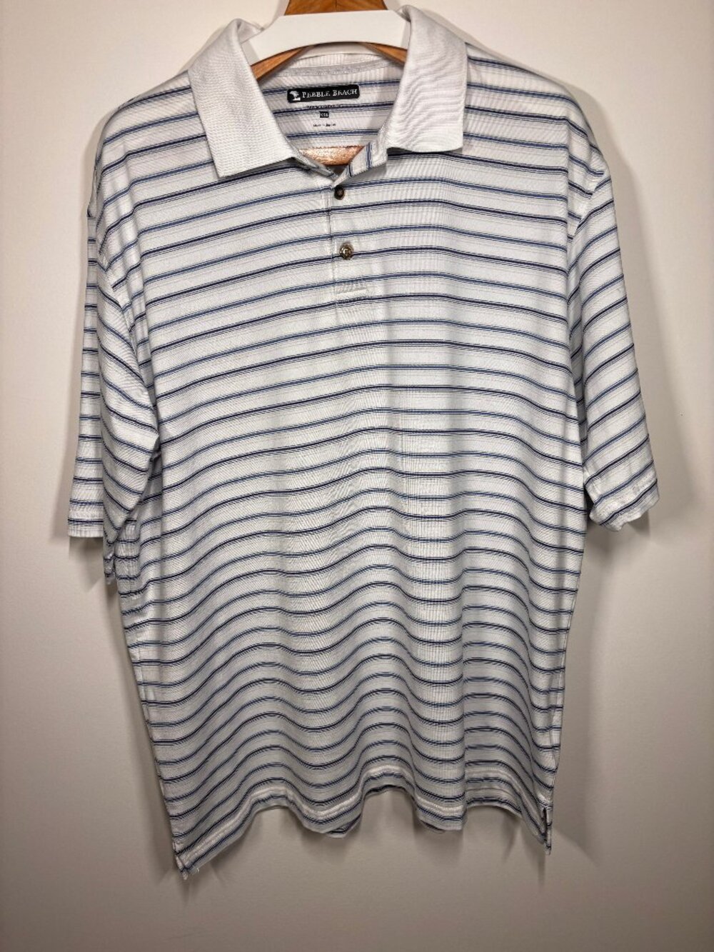 Pebble Beach Performance Golf Polo Shirt White Blue Stripe Men's XXL